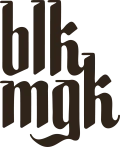 The image shows stylized text spelling "blk mgk" in a dark, gothic font.