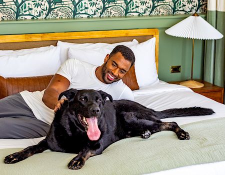 A person lies on a bed with a black dog in a bright, comfortable room, featuring patterned wallpaper and a lamp on a nightstand.